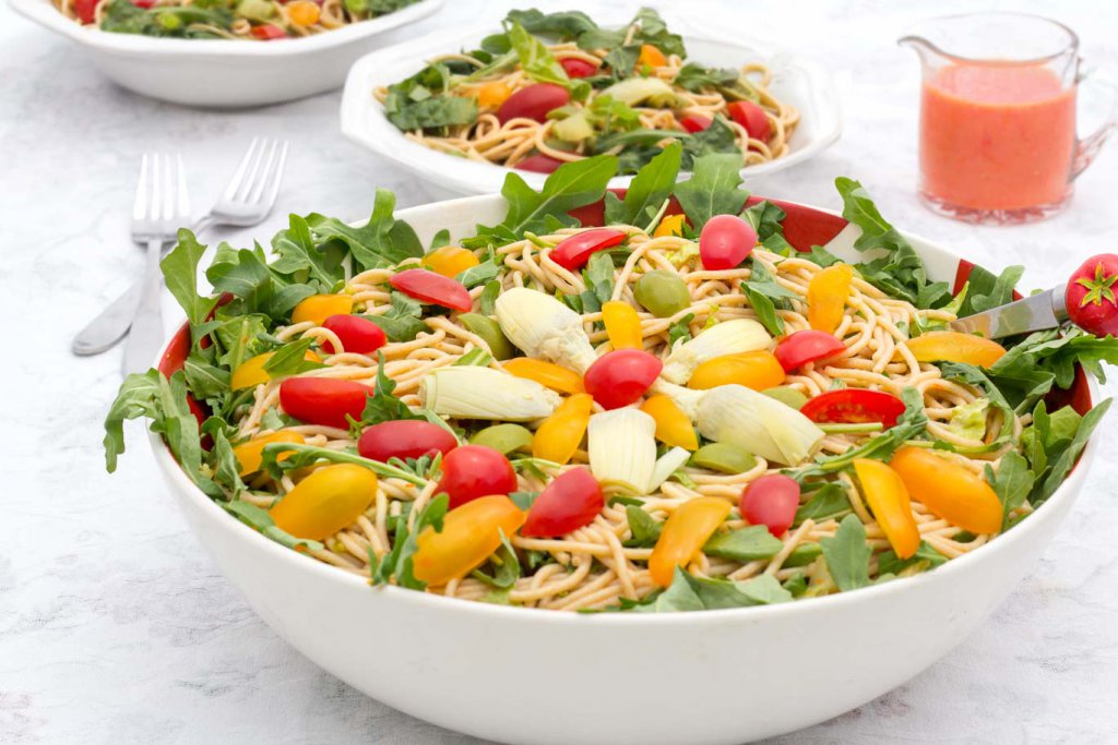 Family size serving bowl with Castelvetrano Olive, Tomato & Noodle Salad (Oil-free Vegan)