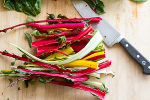 #2 Line up the Swiss chard stems to cut crosswise