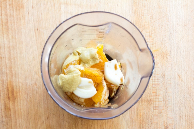 #3 Place the oranges, garlic, mustard and balsamic in blender cup