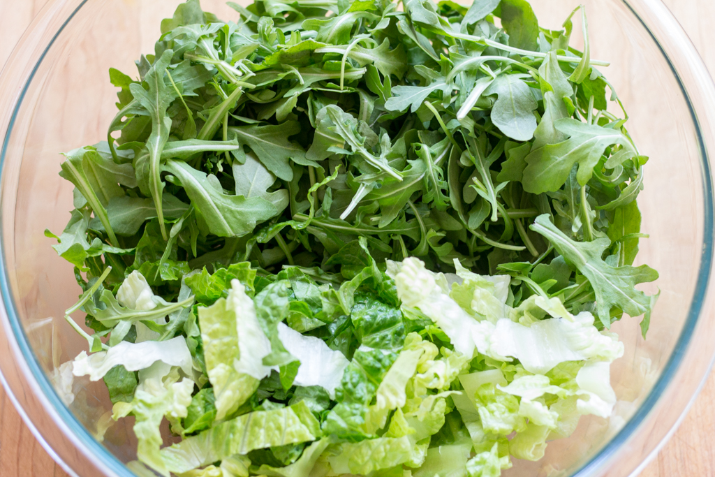 #7 Place the arugula and romaine ribbons in the bowl