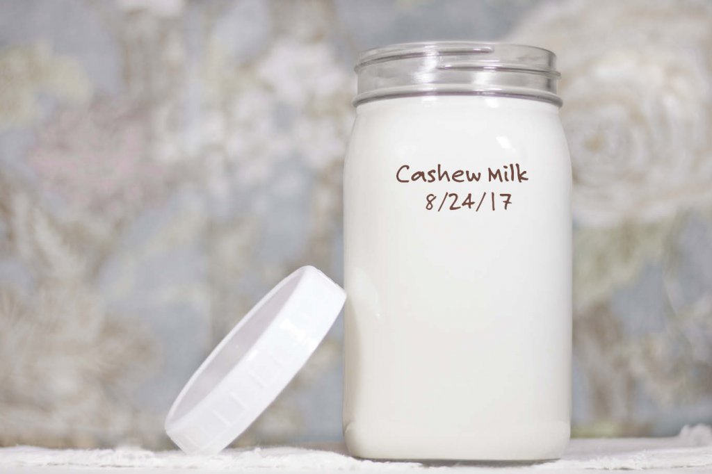 Labeled and dated Mason Jar of Homemade Cashew Milk