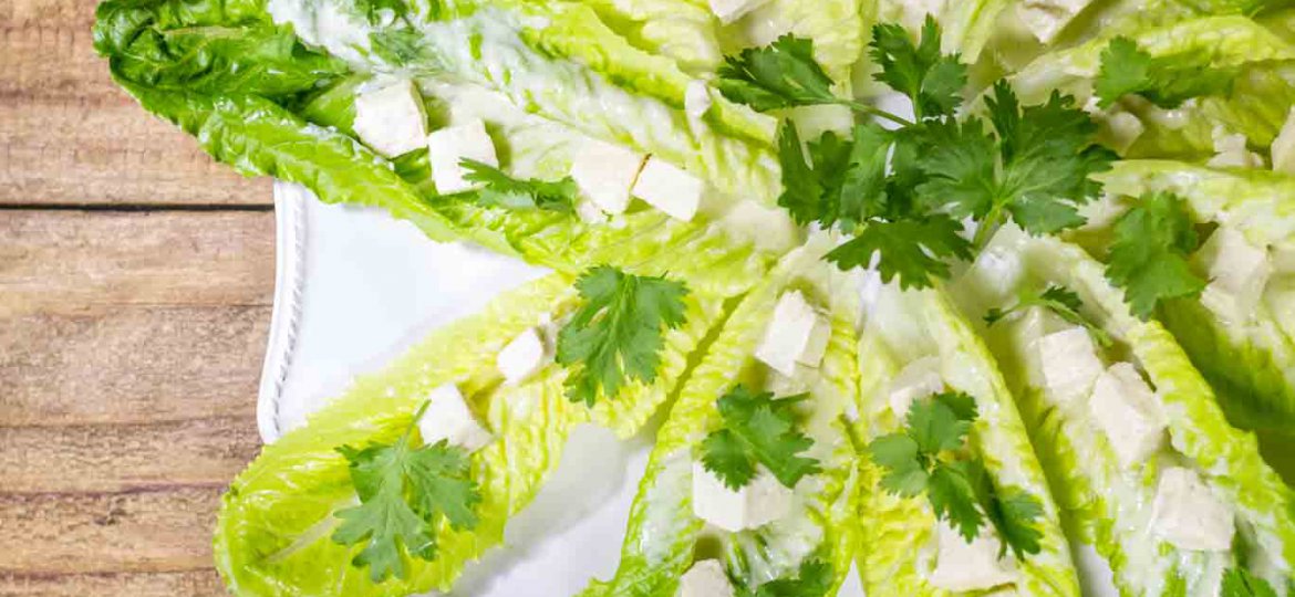A white platter with whole romaine leaves with a layer of vegan feta tangy bites, cilantro, dressed with oil-free vegan citrus garlic dressing