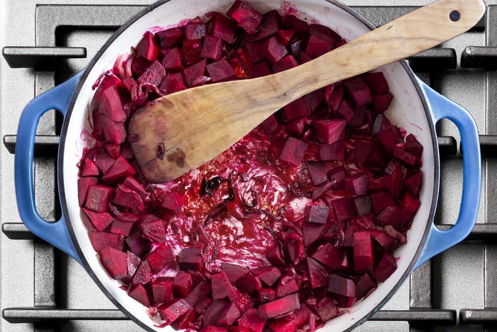 Beets pushed from center to show caramelization in the pan
